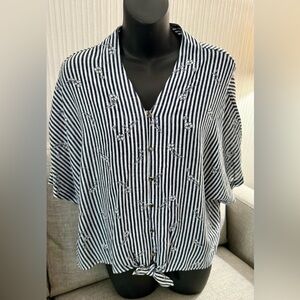 Reitmans Linen-Blend Navy/White Striped Floral Blouse